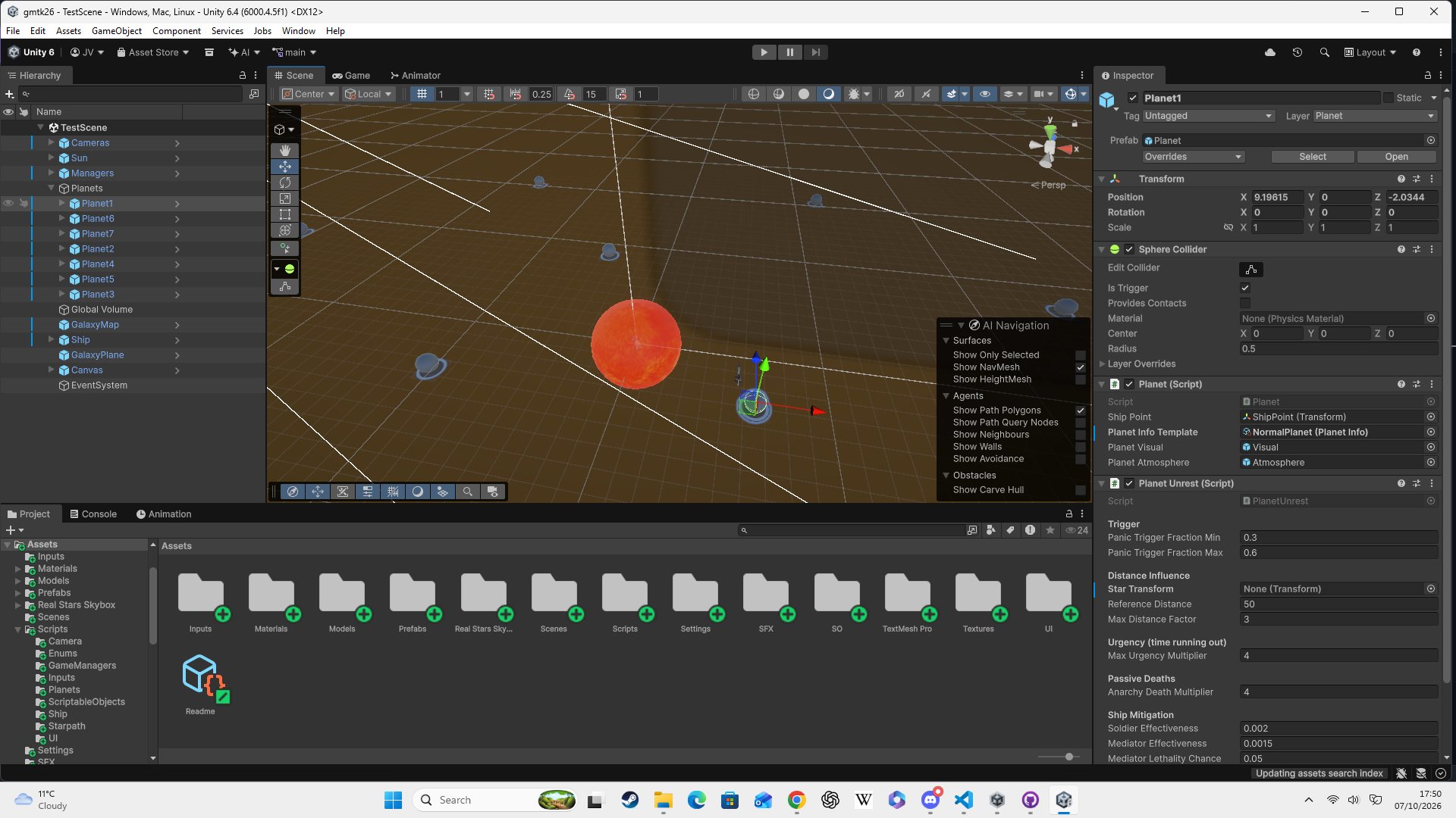Game Engine View: Planets and Star